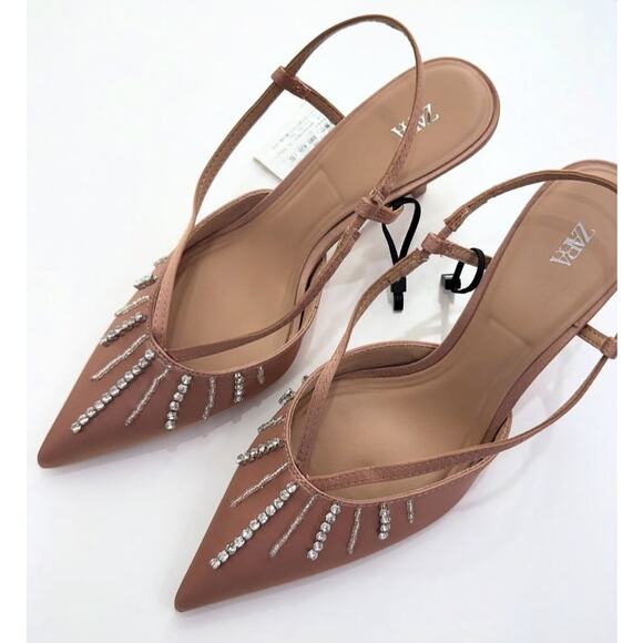 ZARA BLOGGER FAVE!!! Rhinestone Embellished Slingback Heels NWT 🤎 - Picture 4 of 16